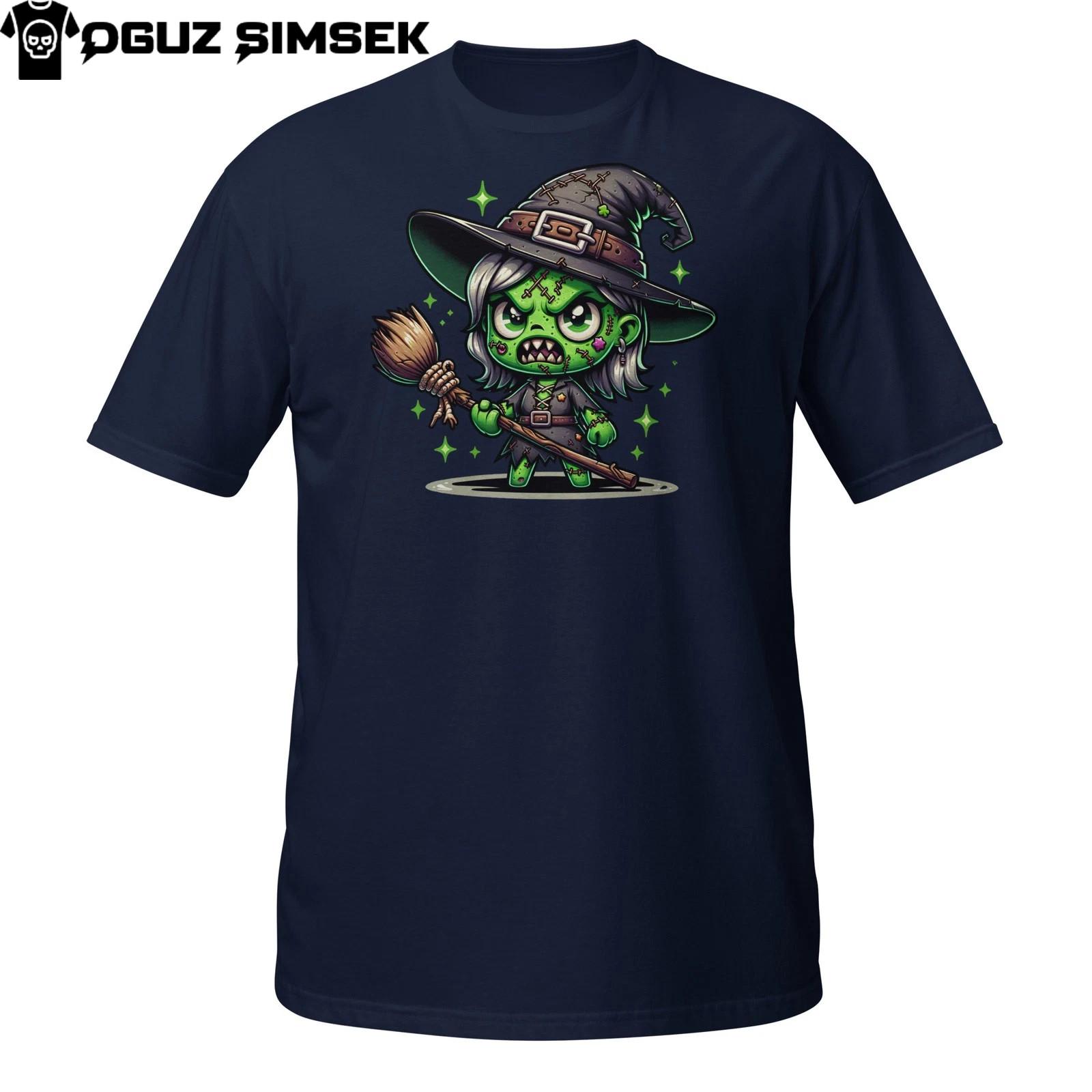 Green Witch Halloween Shirt – Cute Cartoon Witch T-Shirt Mens Womens Tees Top with Broom and Hat XL