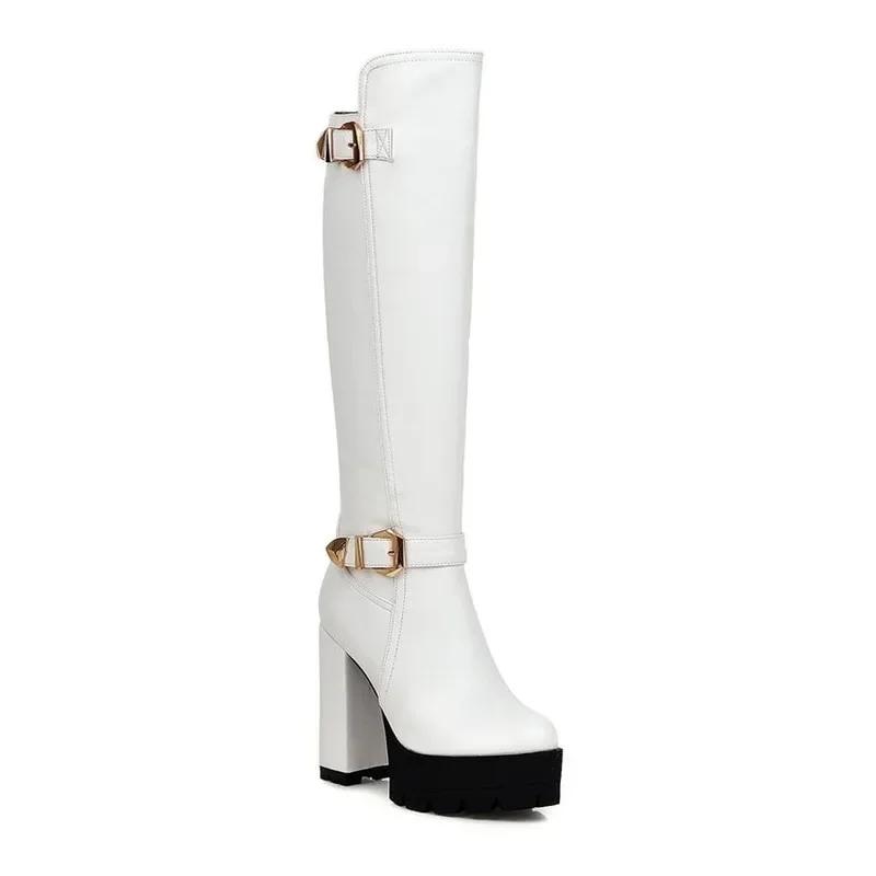 Women's Boots Autumn Winter New Style Fashion Belt Buckle Round Head Zipper Thick Heel High Heel High Boots