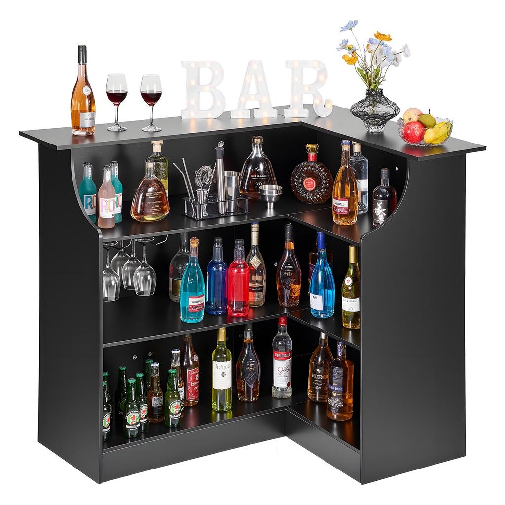Home Bar Unit, L-Shaped Wine Bar Cabinet Table 4-Tier with Storage Shelves, Wine Glass Holder, 136 Kg Max Capacity, Wood Liquor Cabinet for Home,