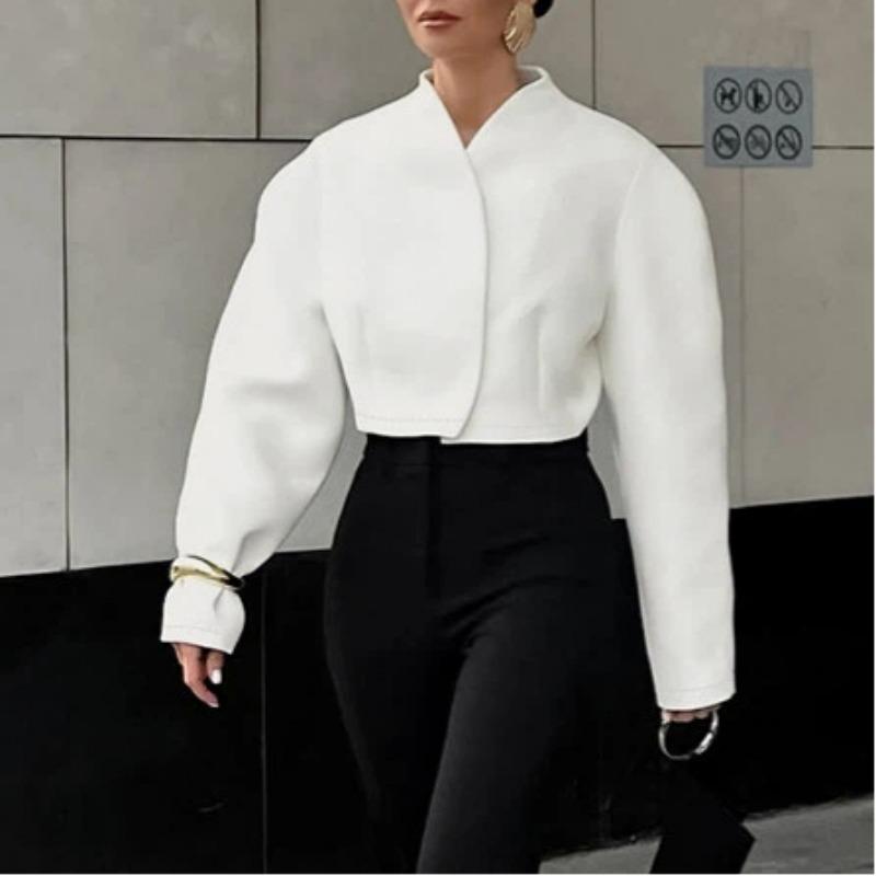 Women S White Cropped V Neck Long Sleeve Loose Elegant Jacket