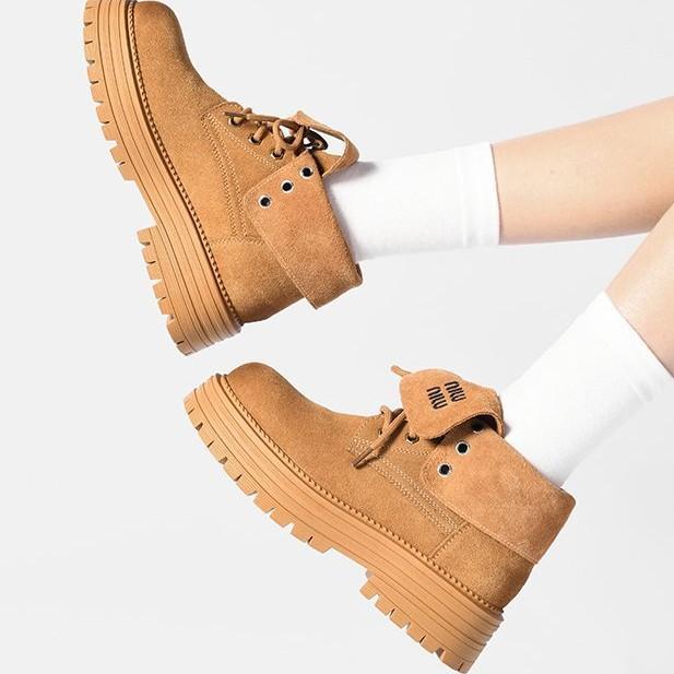 Cizme Miu~ cizme Martin din piele moale pentru femei 2025 noi cu rever, două moduri de purtare, cu talpă groasă, cizme mari galbene, cizme scurte populare europene