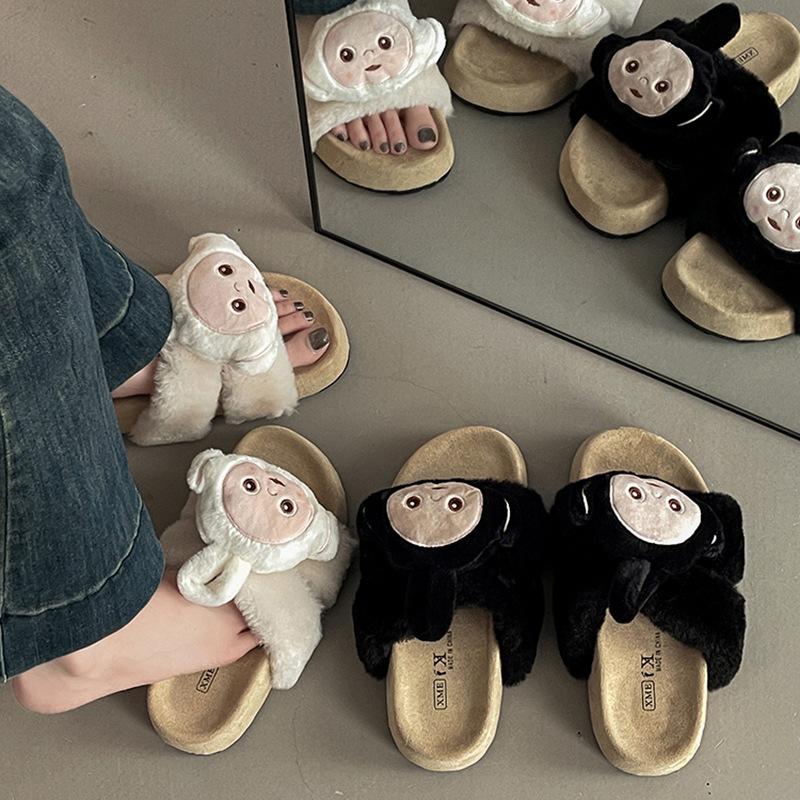 Cartoon cute casual flat-bottomed fluffy shoes women's autumn and winter suede versatile antenna baby one-word thick-soled cotton slippers