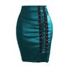 European and American Women's Black Faux PU Leather High Waist Eyelet Midi Skirt