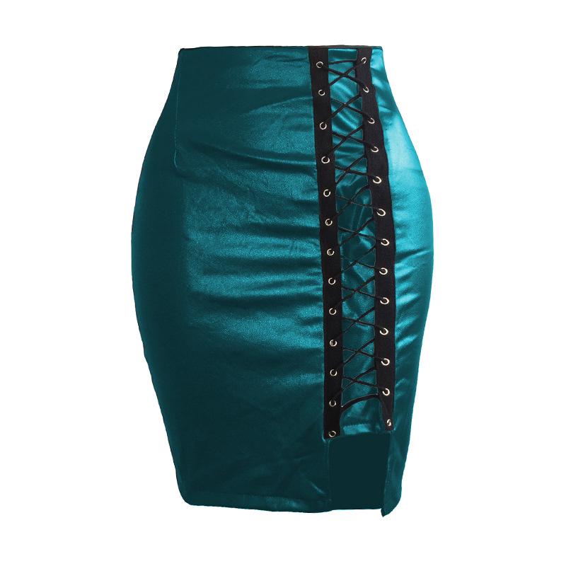 European and American Women's Black Faux PU Leather High Waist Eyelet Midi Skirt