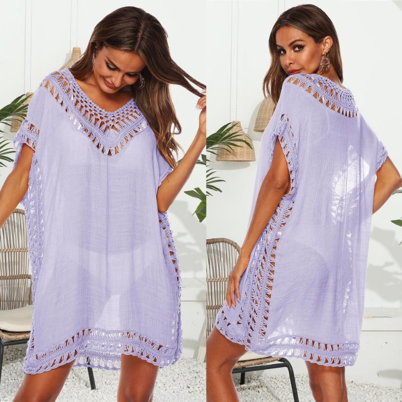 Casual sólido com decote em v vestido geral feminino verão oco solto praia sexy vestido de cobertura mulher vestidos de manga curta 27779