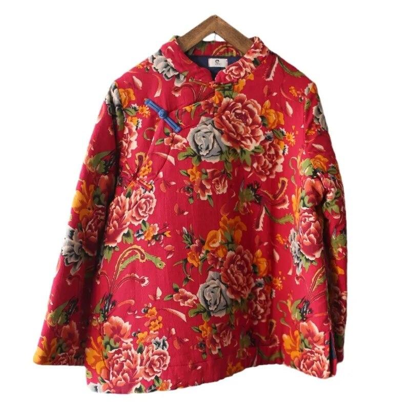 Johnature Women Vintage Print Floral Parkas Plus Chinese Style Coats Button Long Sleeve Stand Clothes Spring Parkas