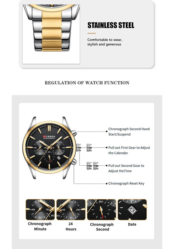 CURREN 8446 Men's Multi-Function Quartz Steel Band Sports Watch