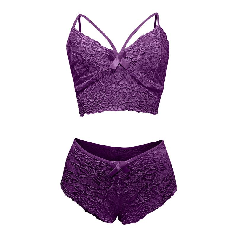 Floral Lace Sexy Lingerie Set, Strappy Bow Hollow Bra & Semi-sheer Boyshort Panties, Women's Sexy Lingerie & Underwear