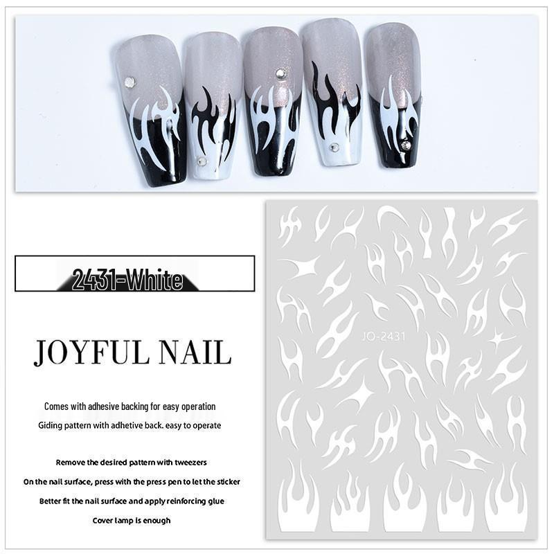 Samoprzylepne naklejki na paznokcie 3D tłoczone płomienie Aurora ciernie srebrny laser (2025)