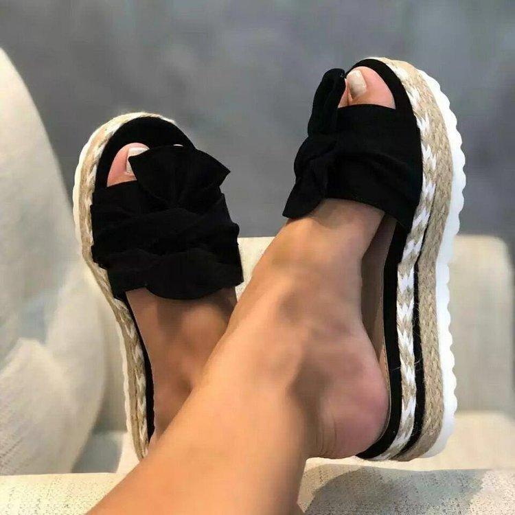 2025 European and American summer new slope heel bow + slippers women's 2025 beach thick-soled hemp rope large-size slippers
