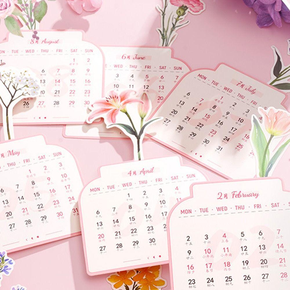 Vase Shaped Bloomy Flowers Desk Calendar Wooden Base Standing Calendar  for Table Desk Decor