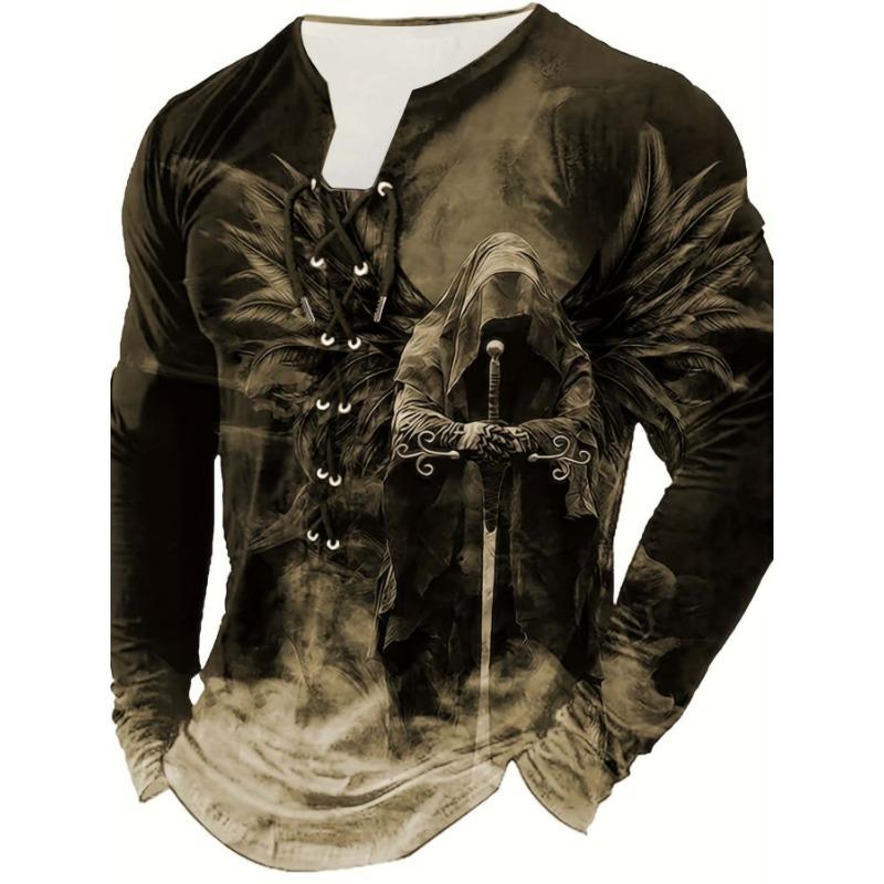 Men Cross Lace Up V Neck Long Sleeve T Shirt With Dark Warrior Wing Full Print S