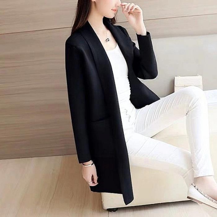 Autumn and winter new Korean version versatile loose pocket medium and long cardigan jacket women's long sleeves