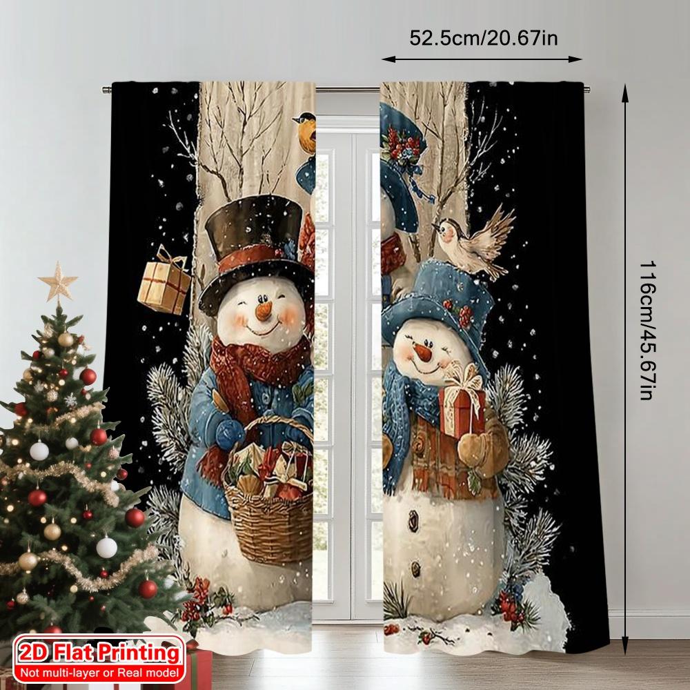 2pcs 2D Flat Printing Merry Christmas Curtains Snowman_ Versatile Fabric Without Electricity Family Party Perfect for Home Decor