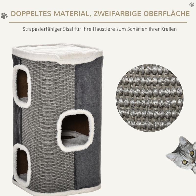 Cat tree scratching barrel with 3 levels, chipboard, velvety polyester, sisal, grey+white, 40x40x74cm