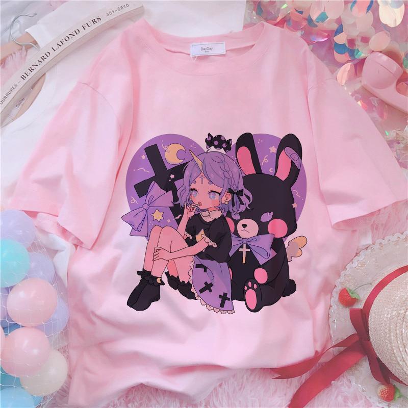 

Футболка з принтом аніме Kawaii Жіноча Harajuku Aesthetic Pink Tops Emo Tshirt 2021 New Summer Korea Fashion Y2k Casual Women T-Shirt S