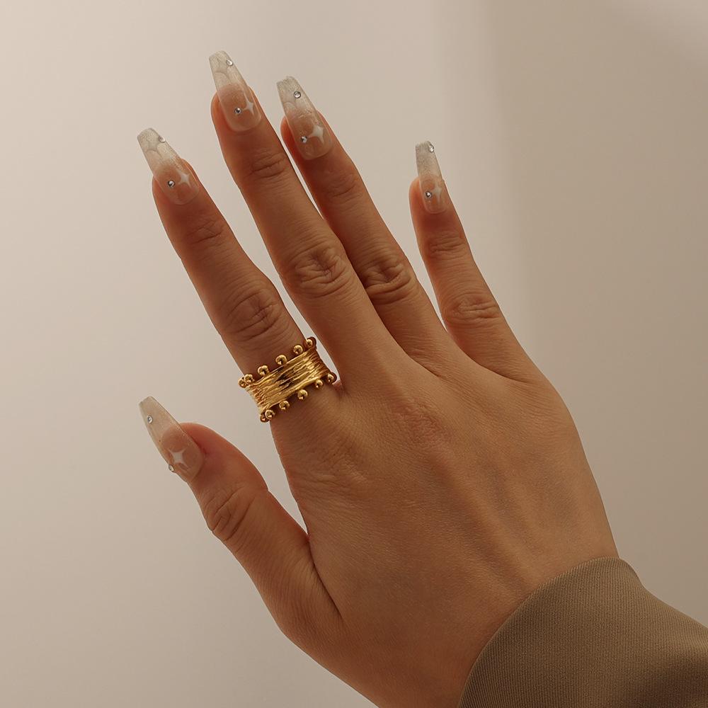 Versatile Brushed Round Ball Fashion Ring, Stainless Steel PVD 18K Gold, Retro Texture Niche Ring for Women