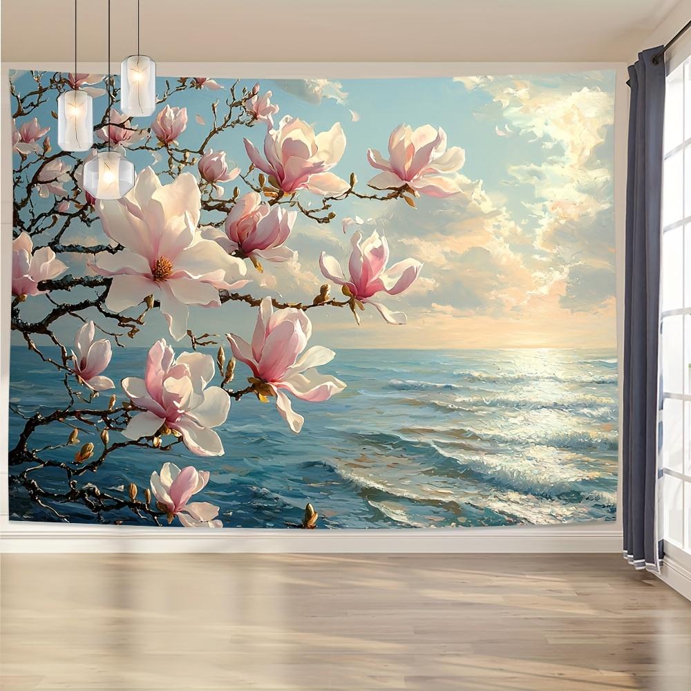 1pc Tranquil Beach Blooming Magnolia Tree Tapestry - Polyester Fabric, Machine Washable, Suitable for Bedroom Living Room