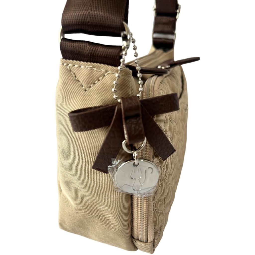 MADEMOISELLE ZAZA Pochette Multi-Rangements Brodée Charme Ruban Chat, Nylon Léger, 7141 (Gris Beige)