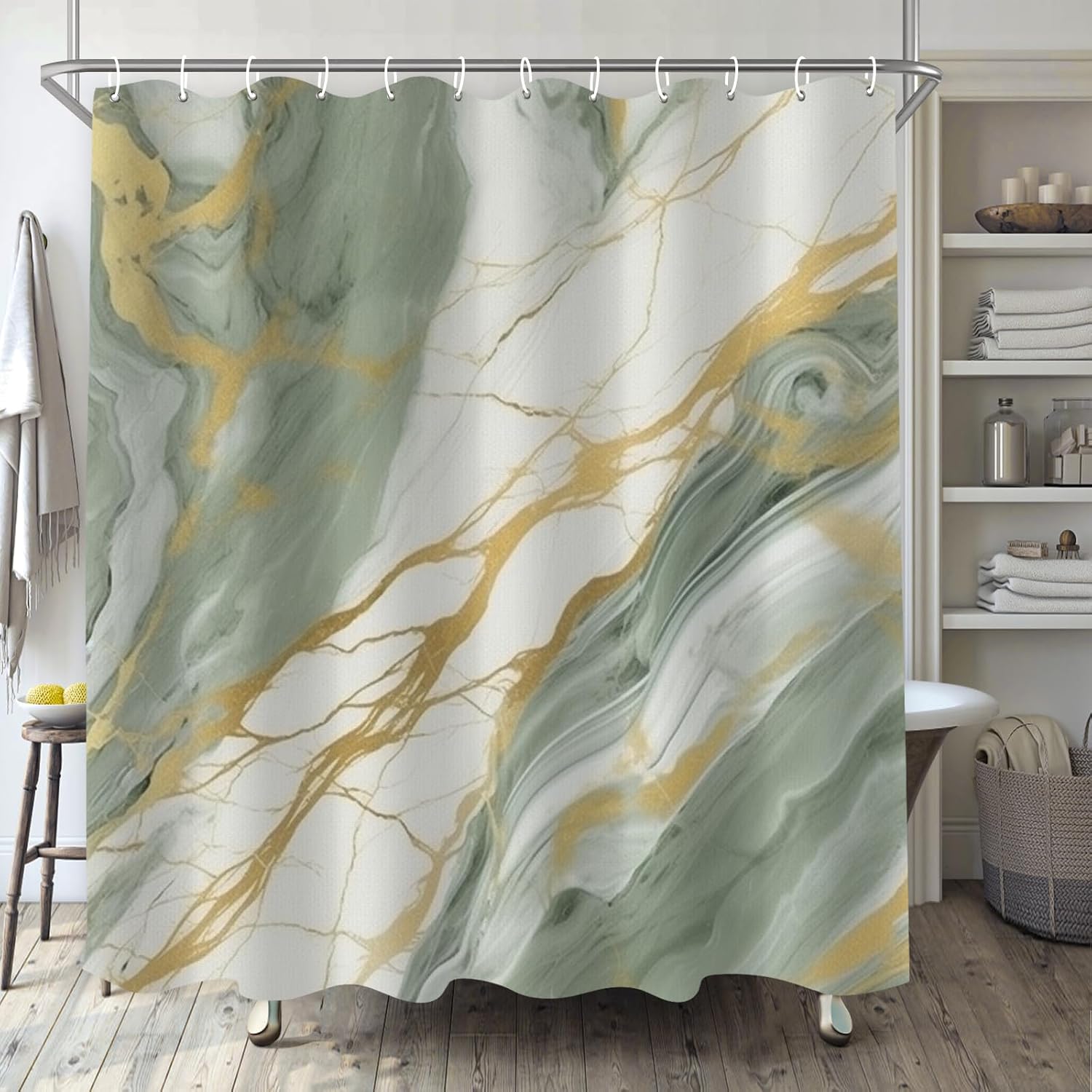 Monika Chen Green/Gold/White Shower Curtain For Bathroom, Sage Light Luxury Boho Shower Curtain Set, Marble Texture Fabric Modern