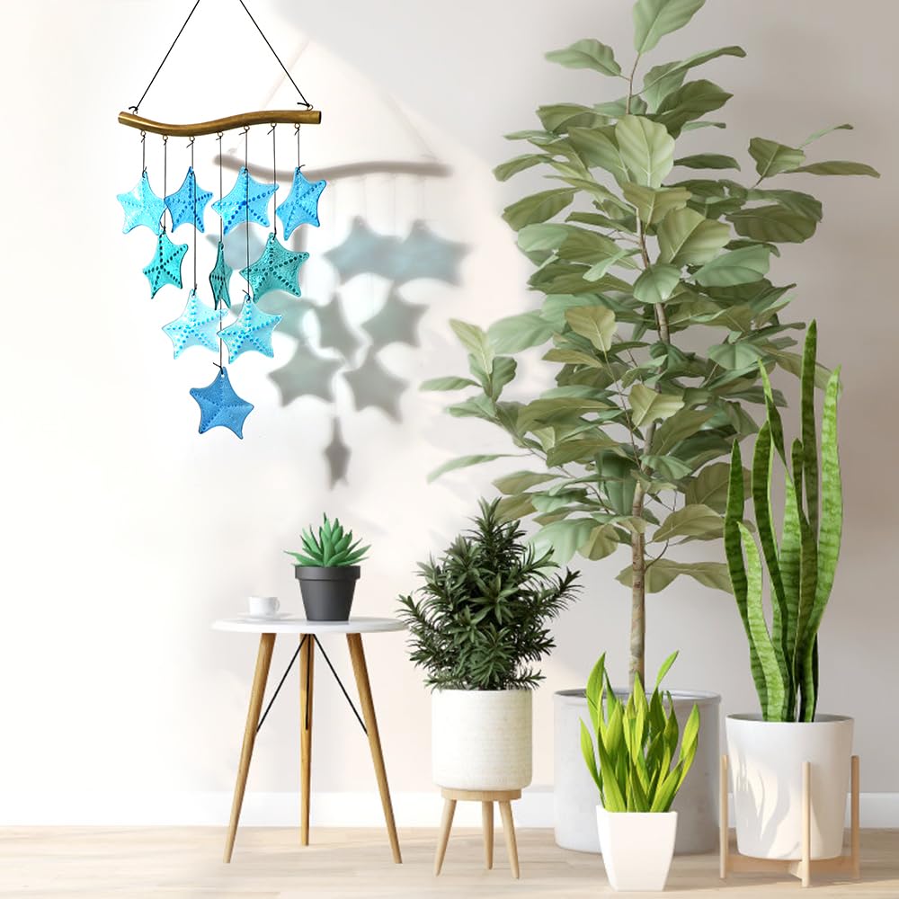 Vindar Sea Glass Wind Chime for Outdoor Unique Blue Starfish Glass Wind Garden or Backyard Memorial Wind Christmas Gift for Grandmother or Birthday