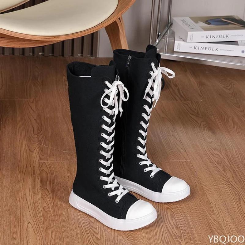 Fashion High End Strap Women's Shoes Spring New Item Plus Size Women's Boots Side Zipper Canvas Long Tube Design Women's Boots Platform