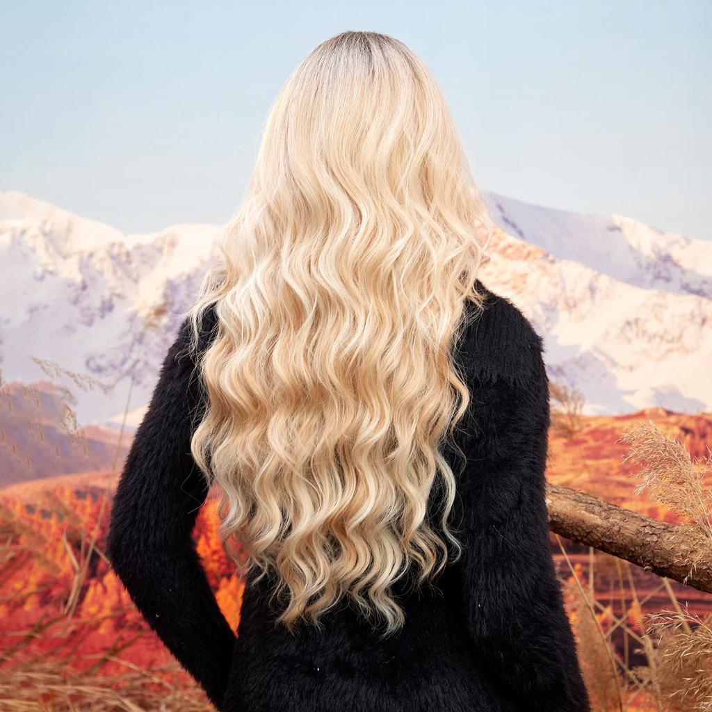 ALAN EATON Hairline Lace Wigs Ombre Brown Blonde Synthetic Long Wavy Wigs Dark Root  for Women Cosplay High Density Hair Wig