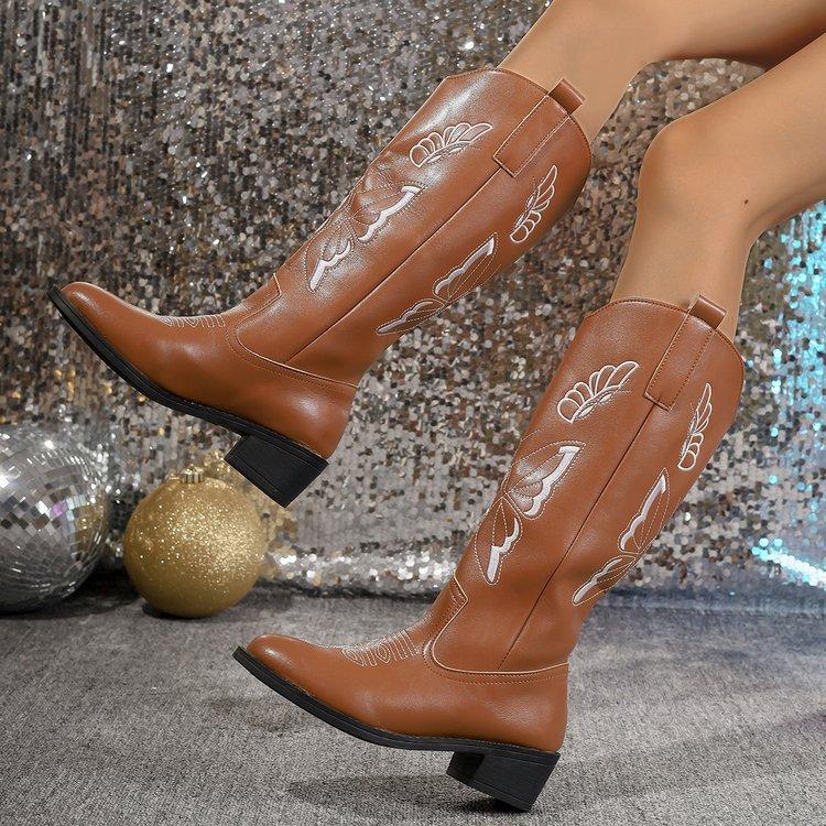 Botas clásicas de otoño e invierno con bordado de mariposas para mujer, cómodas, puntiagudas, tacón de bloque, botas altas estilo western