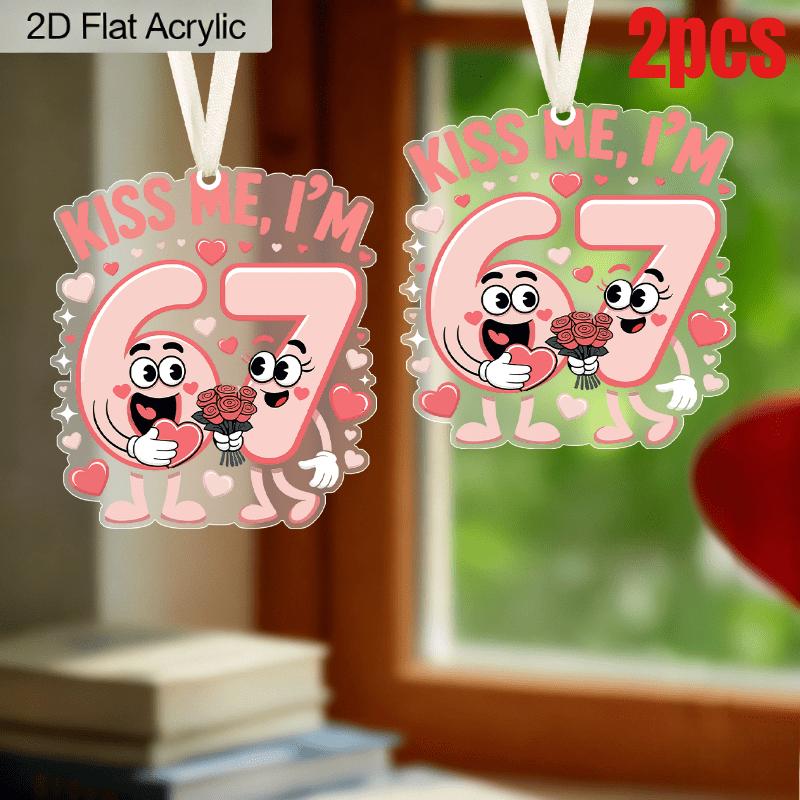 1pc/2pcs Valentine's Day Pink Number 67 Kiss Me Transparent Acrylic Pendant with Milky White Rope, Girlfriend Gift, Wife Gift, Backpack Pendant