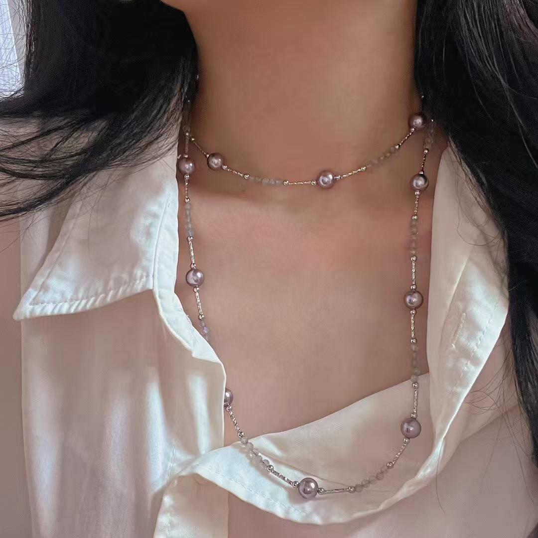 

Vintage Multi-Wear Natural Gray Moonstone Artificial Crystal Purple Pearl Necklace Collarbone Chain Sweater