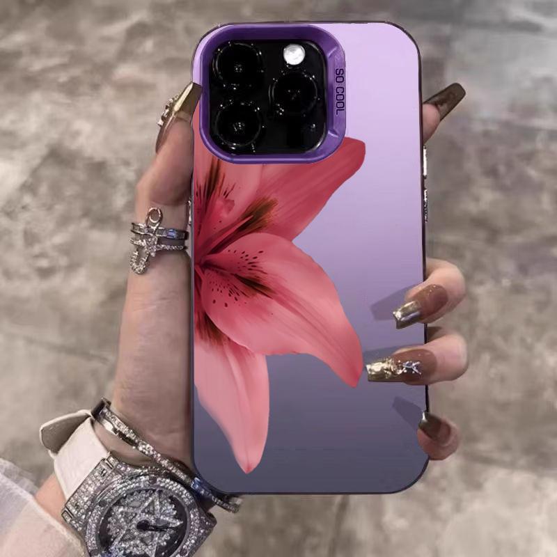 Lily Flower Print IMD Material Silvery Phone Case for iPhone 16 E 15 14 13 12 11 Pro Max XS XR X 7 8 15 16 Plus Shockproof Cover
