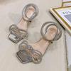 Square head one-word anklet buckle sandals women's summer rhinestone bow glossy stiletto high-heeled sandals