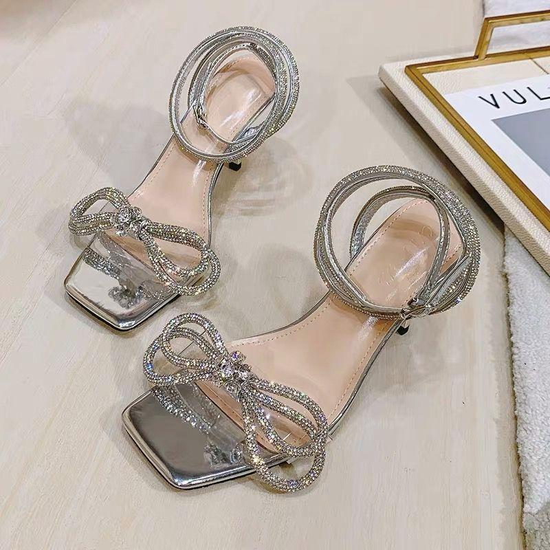 Square head one-word anklet buckle sandals women's summer rhinestone bow glossy stiletto high-heeled sandals