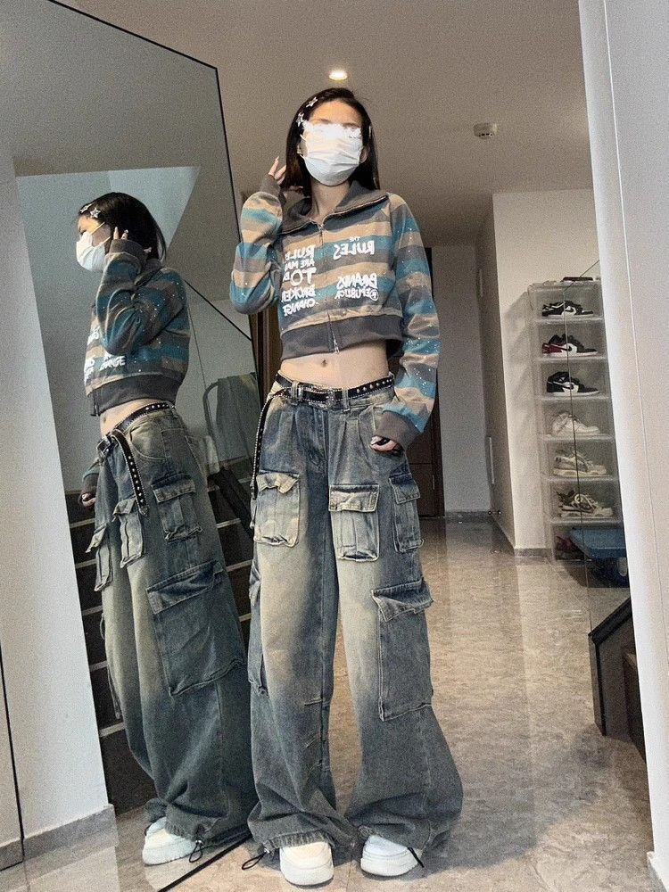 Harajuku 90. léta Y2k Vintage Baggy Jeans Ženy Grunge Prané Více kapes Džínové Cargo Kalhoty Nízký růst Ležérní široké kalhoty