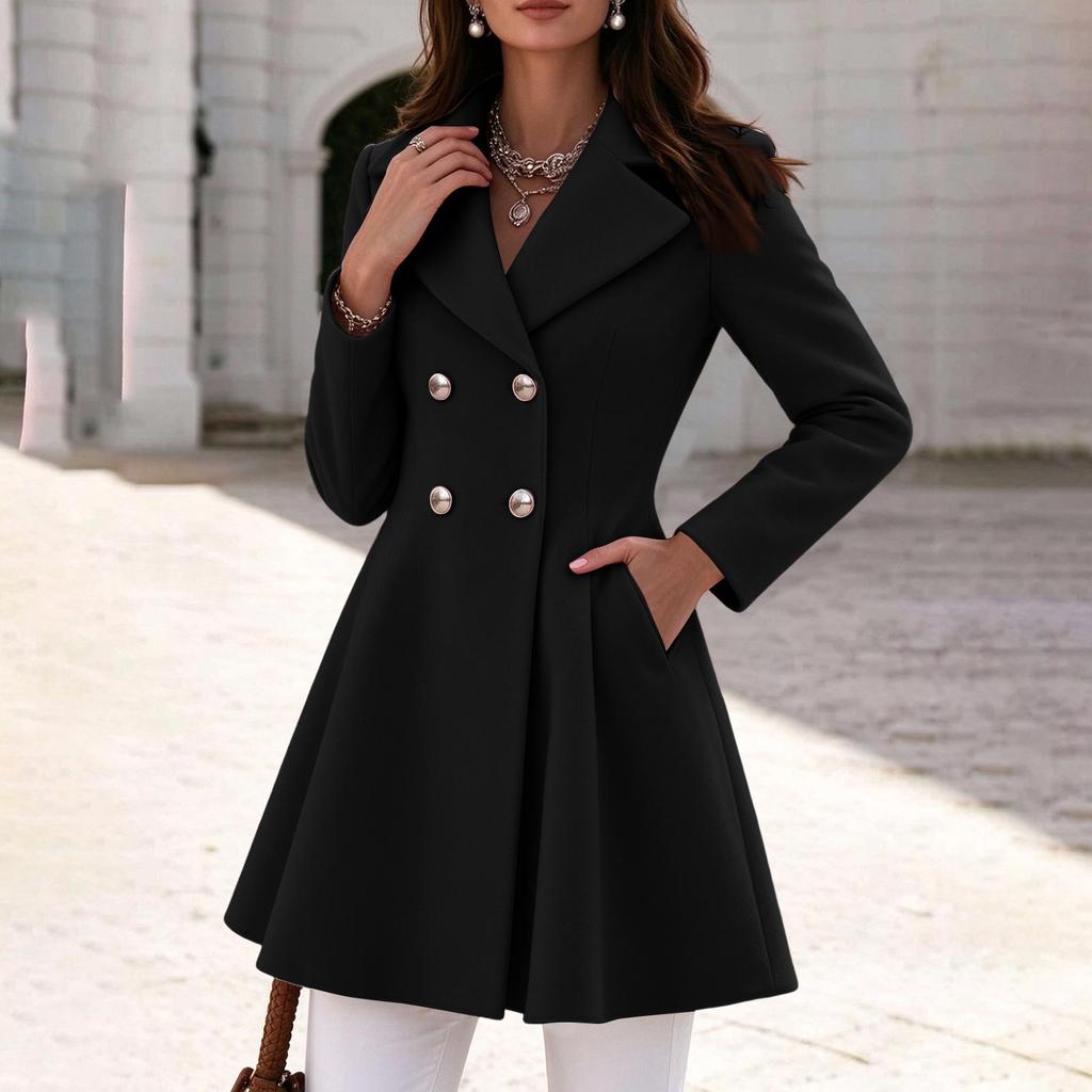 Women's Color Double-Breasted Woolen Coat with Lapel Collar Cinched Waist A-Line Mid-Length Fall Winter Outerwear