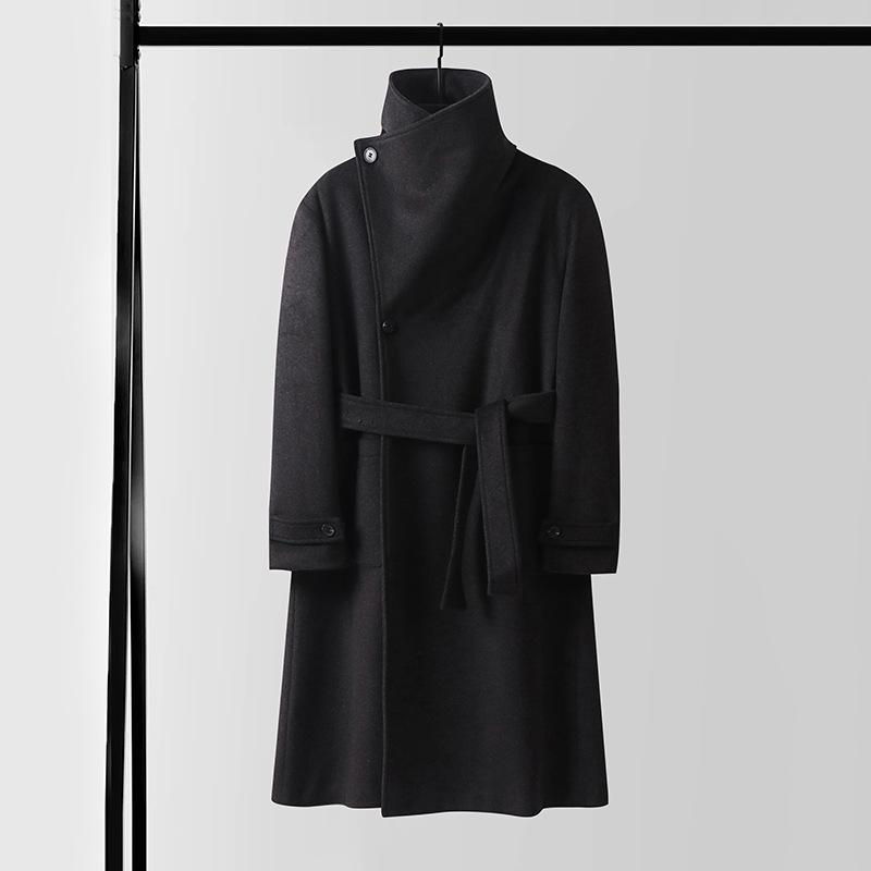 Men's Asymmetrical Long Cashmere Coat with Stand Collar and Belt - Plus Size, Loose Fit Outerwear for Autumn and Winter.