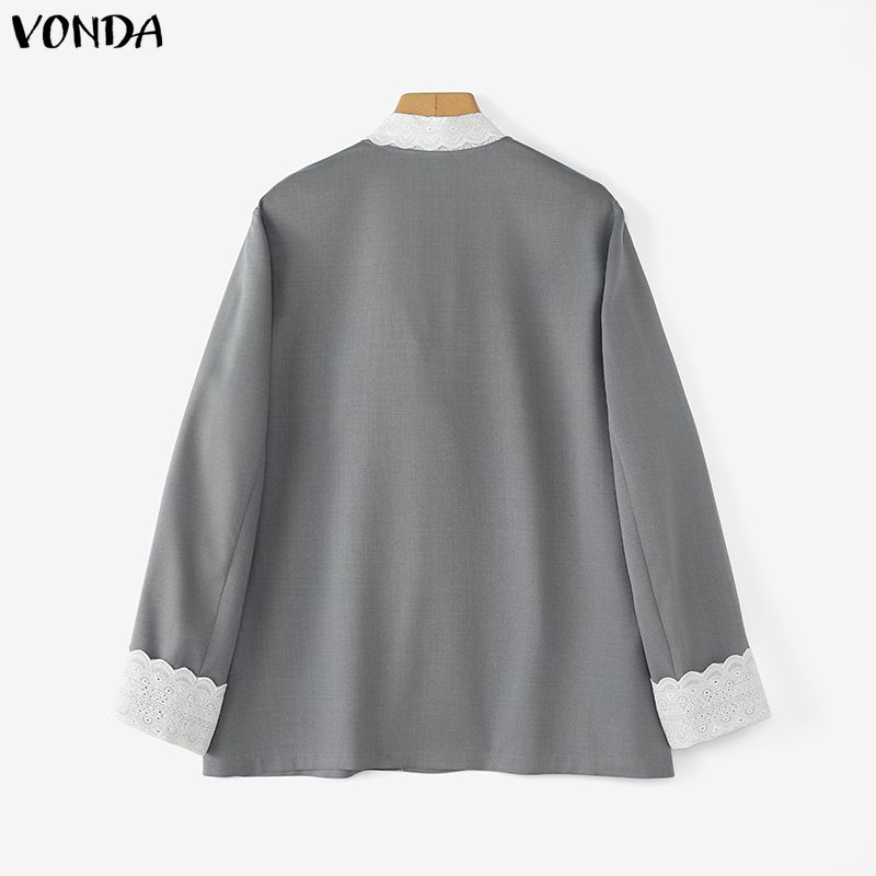 VONDA Women V-Neck Bow Lace Patchwork Long Sleeve Button Thin Cardigan Blazer