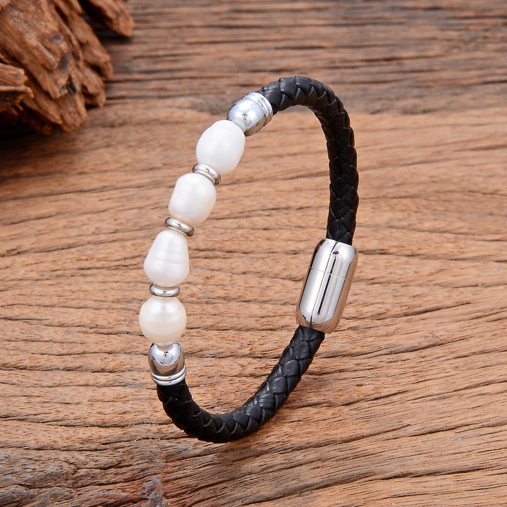 Genuine natural freshwater pearl bracelet, women's charm leather bracelet, baroque wedding jewelry
