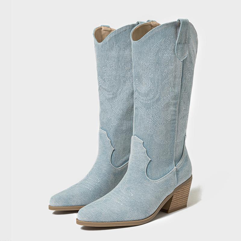 Western Style Embroidery Denim Mid Calf Boots For Women Pointed Toe Vintage Booties Low Hoof Heels Riding Equestrian Shoes