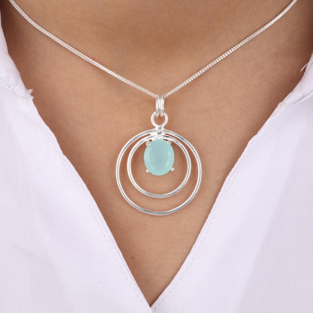 Pierre précieuse Calcédoine Aqua Bijoux en Argent Sterling 925 Pendentif Fait Main Pour Cadeau PP-61-21