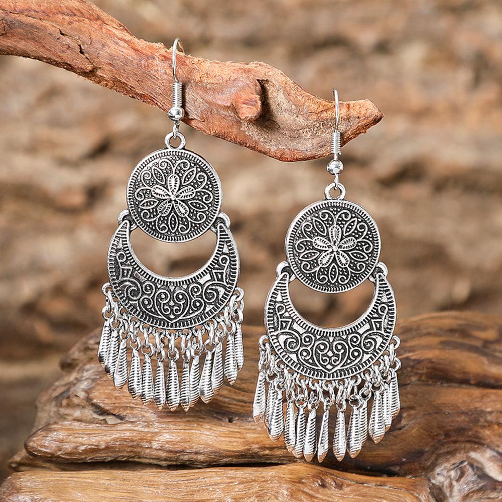 Ethnic Vintage Silver Color Temperament Drop Earrings for Women Creative Geometric Tassel Earrings Female Vacation Jewelry