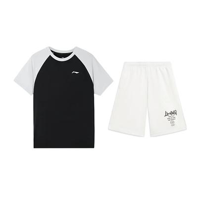 American Retro Fashion Color Block Design Personality Trend Round Neck Pullover Short Sleeve T-Shirt Casual Sports Set ATSU783-1+AKST593-7