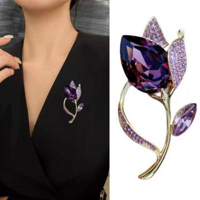 Vintage Lapel Pins Crystal Clothes Suit Accessories New Tulip Flower Brooch  For Women