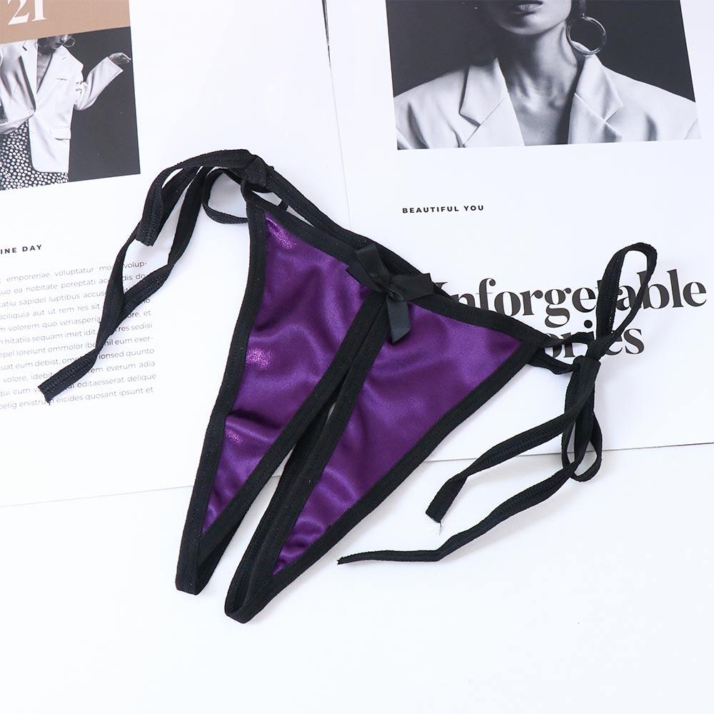 Bow G-Strings Satin Open Crotch Solid Color Bandage Women Panties Sex Thongs T-Pants Underwear