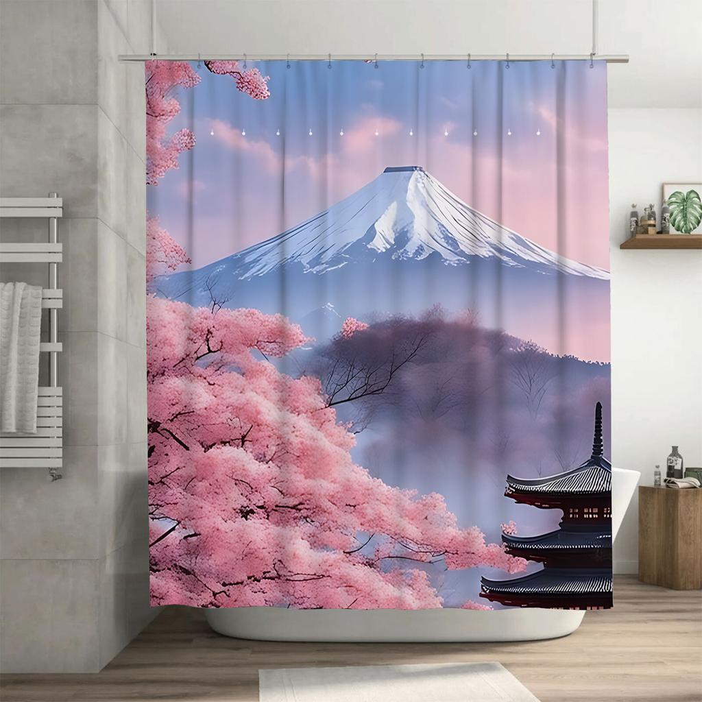 Japanese Style Shower Curtain with Sakura Blossoms and Mount Fuji Scenery - Waterproof and Durable Bathroom Decor Elevate Space