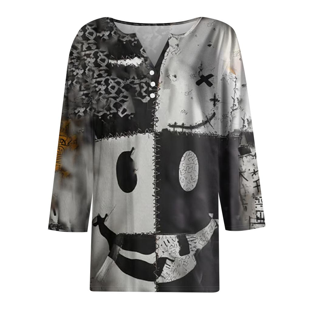 Women's Fashion Button-Up V-Neck Three-Quarter Sleeve Halloween Print Top