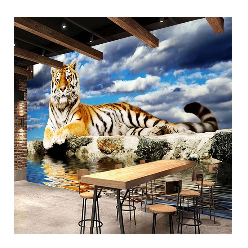 Mural Wallpaper 3D Stereo Tiger Blue Sky And White Clouds Wall Murals Living Room Bedroom Cartoon Wall Papers