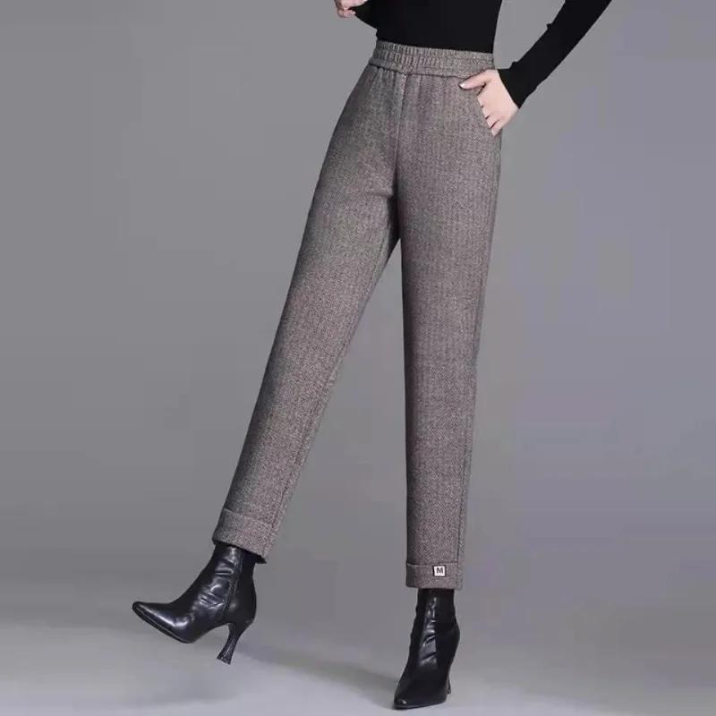 Autumn and Winter Women's Solid Color Elastic Classic Halun Pants High Waist Woolen Fashion Casual Formal Commuter Commuter