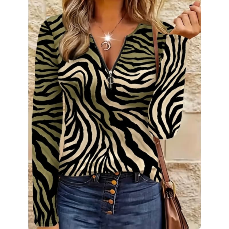 Women's creative printed zipper long-sleeved T-shirt, breathable, soft and comfortable, suitable for all-year-round casual wear