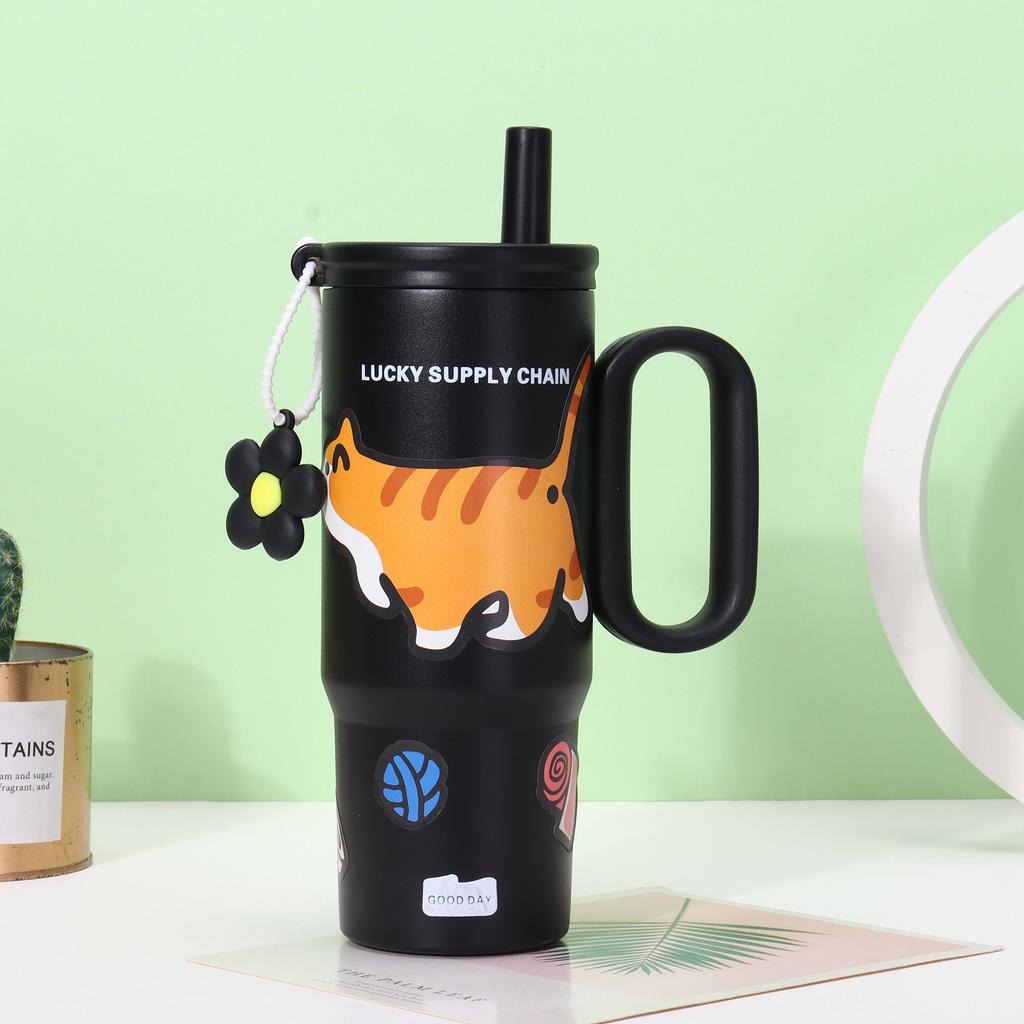 Neuer hochwertiger Thermobecher aus Edelstahl, einfach zu handhaben, mit Strohhalm, Bingba-Becher, für Männer und Frauen, tragbarer Autobecher